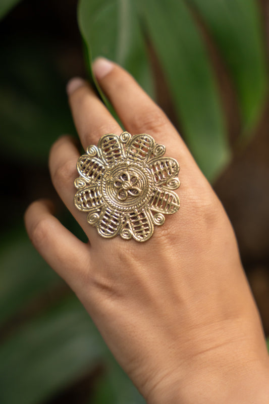 Handmade Floral Dokra Brass Adjustable Finger Ring 