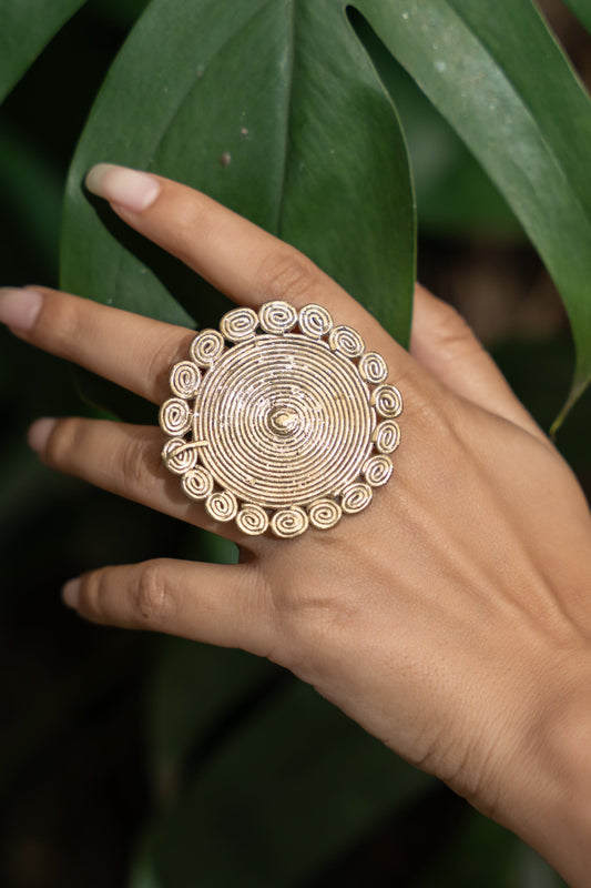 Handmade Circular Floral Dokra Brass Adjustable Finger Ring