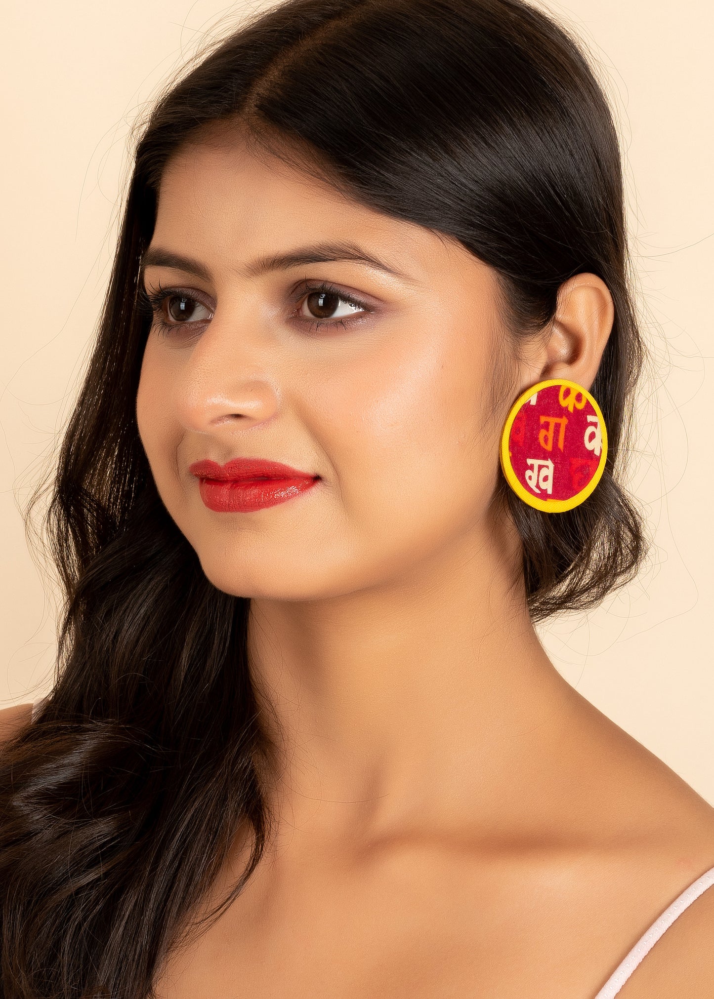 Yellow Red Script Fabric Stud Earring