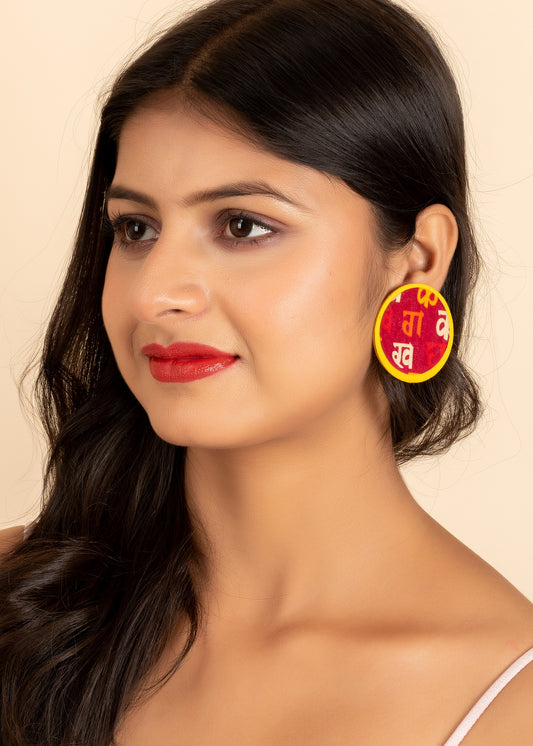 yellow-red-script-fabric-stud-earring-er510