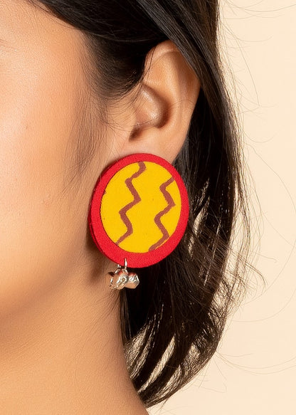 Red Yellow Zigzag Ghungroo Ajrakh fabric Stud Earring