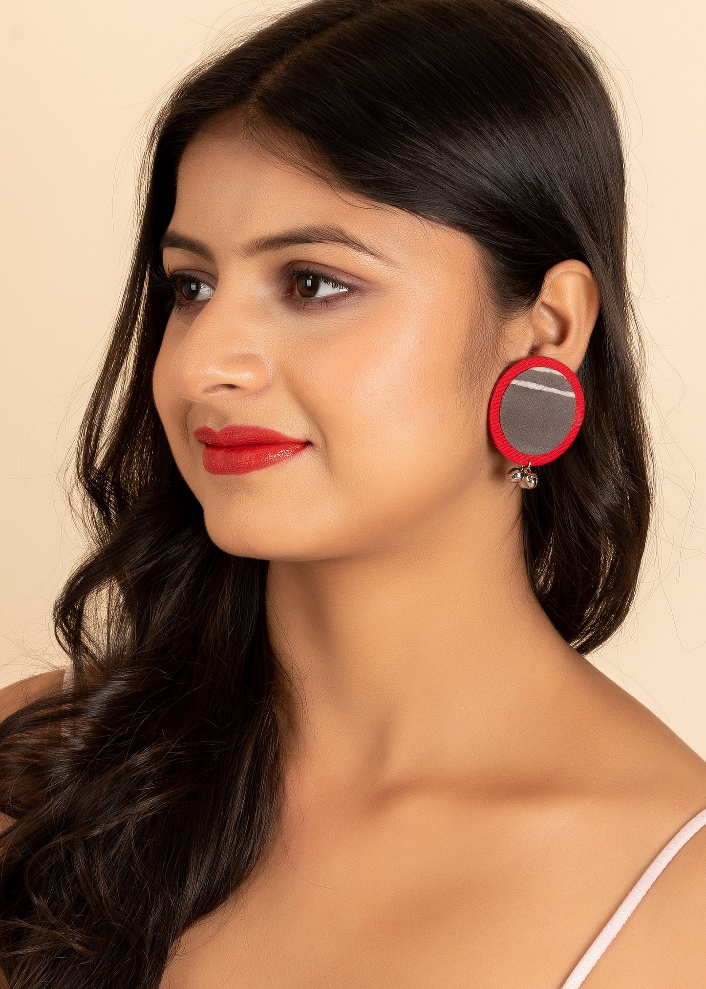 Red Grey Ajrakh Fabric Ghungroo Stud Earring