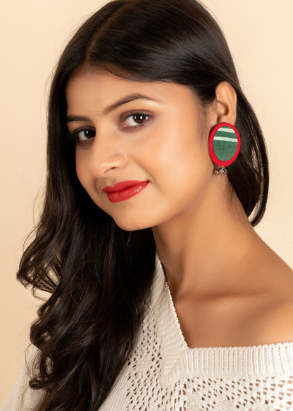 Red Green Ajrakh Fabric Ghungroo Stud Earring